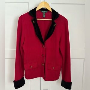 Lauren Ralph Lauren Vintage Red Sweater Blazer Black Velvet Trim Size L